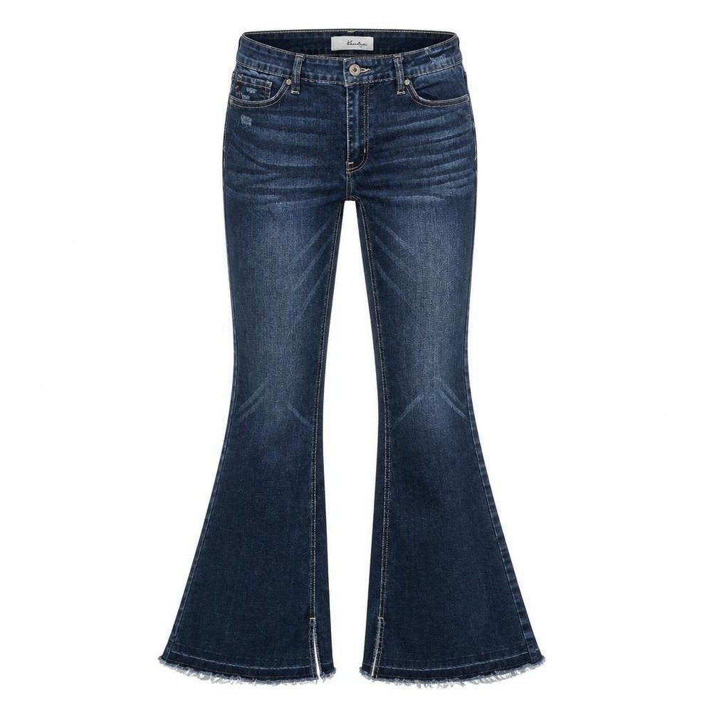 KanCan Flare Jeans Womens 29 11 Blue Mid Rise Stretch Preppy Frayed Raw Hem